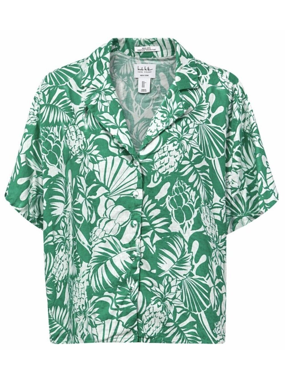 Nicole Miller Shirt Large 100% Linen Floral Button Up Vacation Beach Kelly Green